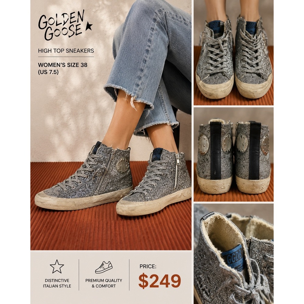 Golden Goose Francy Silver Glitter High Top Sneakers Womens Size 38 US 7.5